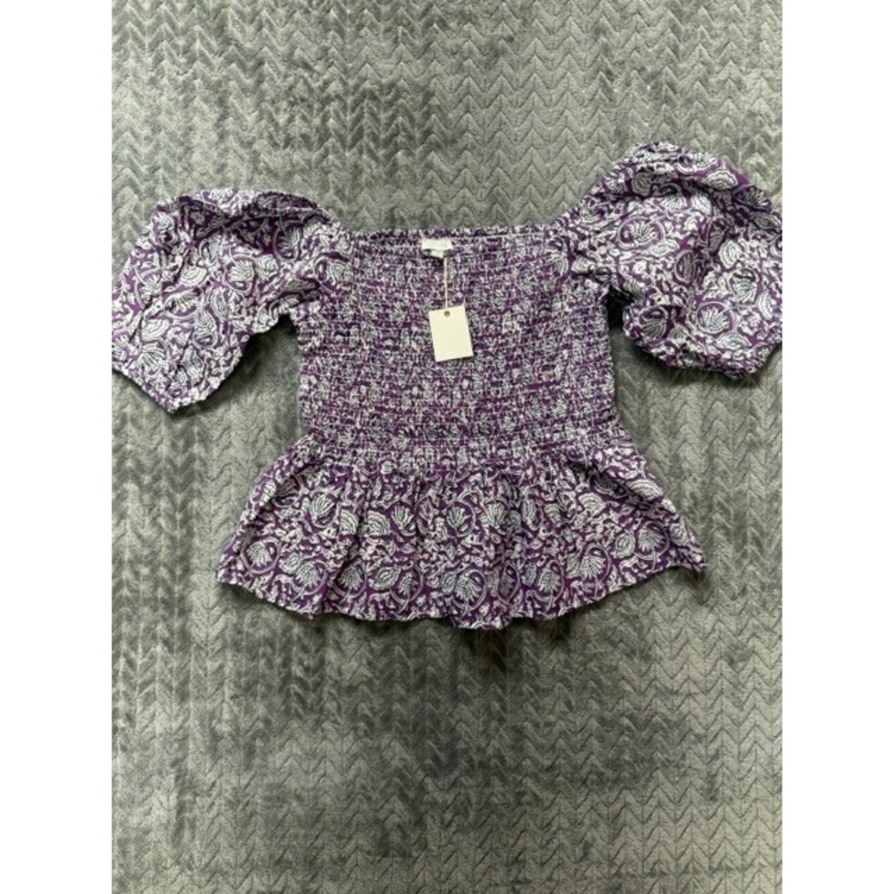 Jennifer Grace Purple Floral Smocked Peplum Puff Sleeve Top NWT Medium 0532
